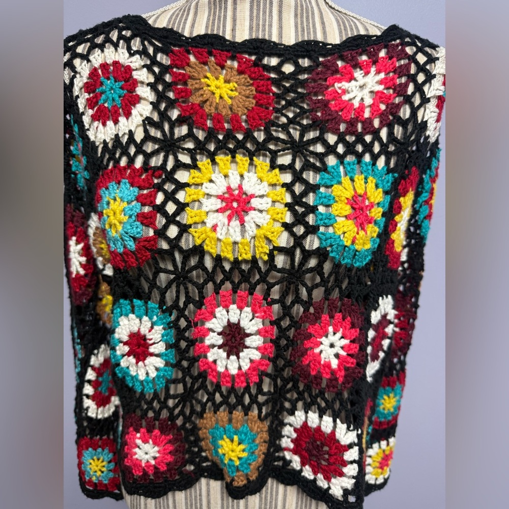 Wild Honey oversized bell sleeve Multicolor Crochet Knit cropped Sweater S - Picture 3 of 14